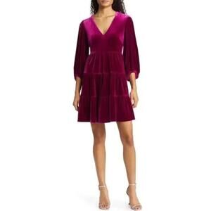 Eliza J Women's Magenta Pink Velvet Balloon Sleeve Tiered Trapeze Dress Size 4